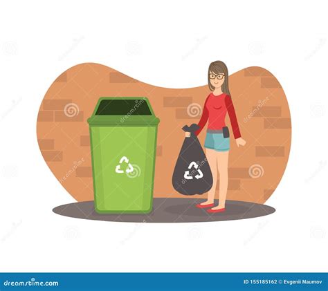 Young Woman Standing With Trash Bag Near Garbage Container Girl