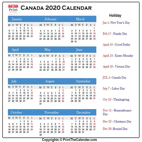 Canada Calendar 2020 With Canada Public Holidays