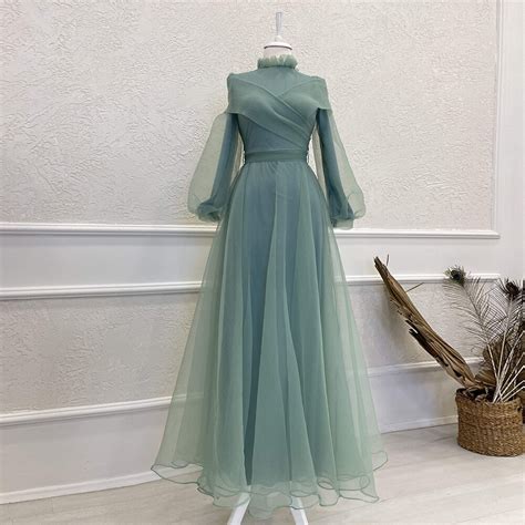Muslim Mother Of The Bride Dresses High Neck Long Sleeves Tulle Wedding Party Dress Bow A Line