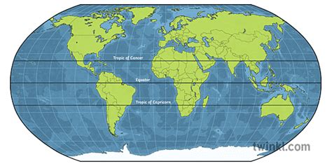 Robinson Projection World Map Withtropics And Equator Geography Ks2