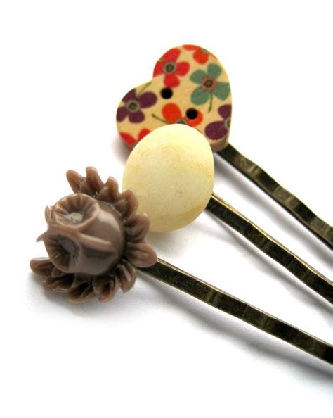 Owl Beach Stone And Heart Button Bobby Pin Hair Pin Trio Bobby Pins Etsy Heart Button