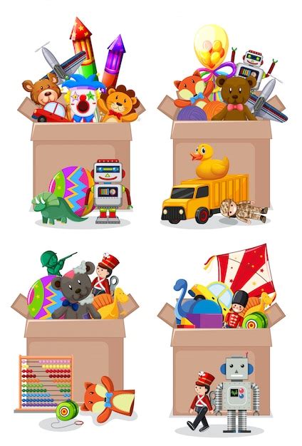Free Vector Set Of Boxes Full Of Toys On White