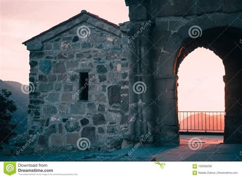 The Scene Of Sunset Through The Arch In Jvari Church Near