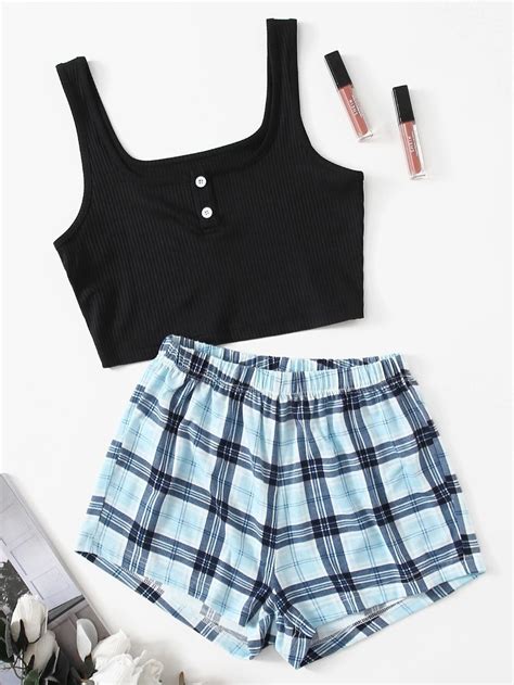 Crop Tank Top With Plaid Print Shorts Pajama Set SHEIN USA In Fashion Design Clothes