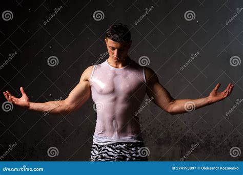 Athlete Bodybuilder Trains In The Studio In The Rain Stock Image Image Of Physique Serious