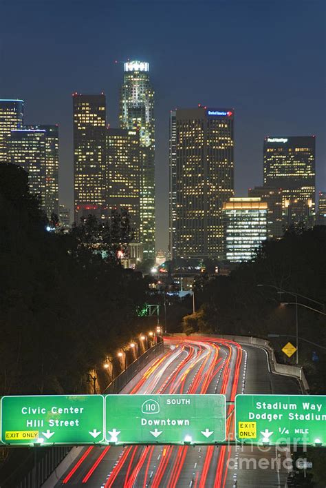 Ca 110 Pasadena Freeway Downtown Los Angeles At Night With Car Lights
