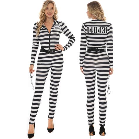 Women Prisoner Costume Escaped Prisoners Jumpsuit Striped Prison Inmate