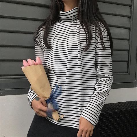 Itgirl Shop Stripes Black White Long Sleeve French Turtle Neck Shirt