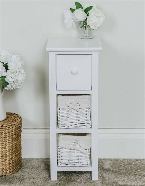 Tall Slim Bedside Table White Material Paulownia Wood With Wicker