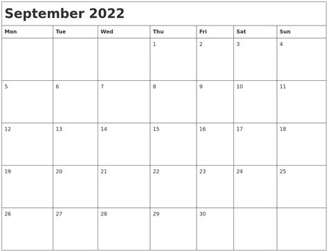 September 2022 Month Calendar