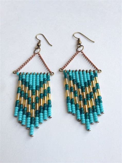Turquoise Teal And Gold Chevron Earrings 23 00 Via Etsy Bead