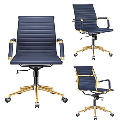 Luxmod Gold Office Chair In Blue Leather Mid Back Office Chair With
