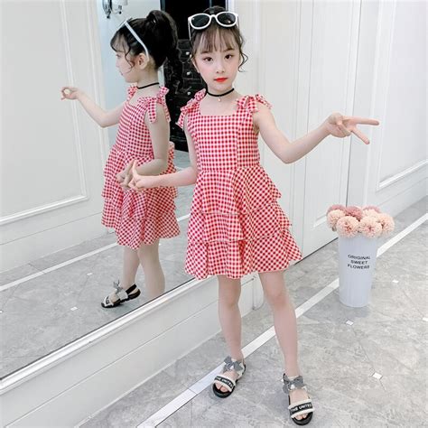 Sweet Kids Layered Dresses For Girl 2020 New Summer Plaids Sleeveless