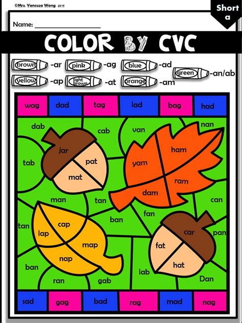 Phonics Activities And Worksheets Cvc Color By Code Fall Theme Mrs