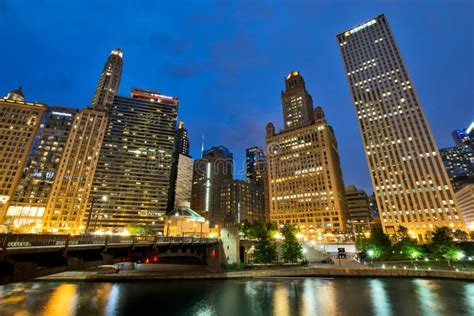 Scenic Chicago River Riverwalk At Night In Chicagio Illinois Editorial