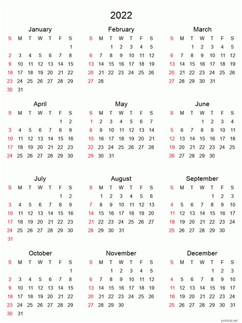 2022 Printable Calendar Yearly Calendar Tabular Style