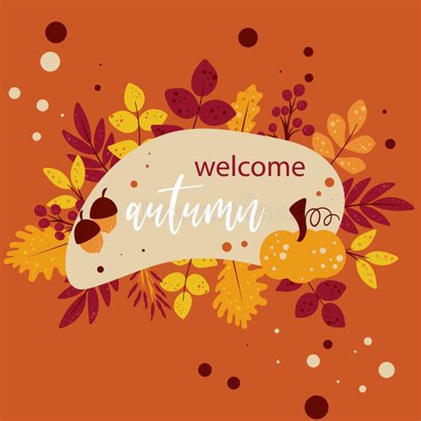 Welcome Autumn Lettering Card Decorated With Foliage And Berries Stock