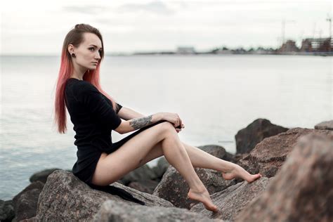 Wallpaper Women Dyed Hair Nose Rings Sea Long Hair Black Dress Barefoot Sitting Tattoo