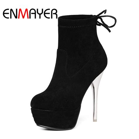 Enmayer New Fashion Women Round Toe Solid Platform Thin Heel Ankle Boots Lady High Heel Back