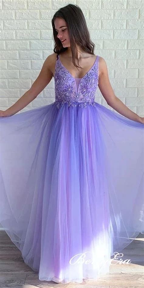 V Neck Purple Tulle Lace Appliques Prom Dresses Gradient Prom Dresses