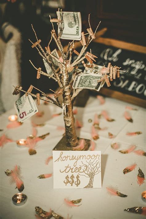 Looking to save cash while still sprucing up your wedding reception? honeymoon fund, money tree, blush and gold wedding, romantic wedding, Duran Golf club, wedding ...