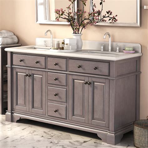 Elegant bathroom with corner vanity and circular sink. Abel 60 inch Rustic Double Sink Bathroom Vanity Marble Top