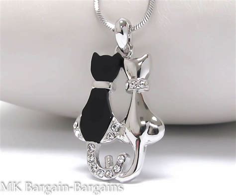 Cute Kitty White Gold Plating Crystal Black Two Pussycat Cat Pendant Necklace Uk Cat Pendant