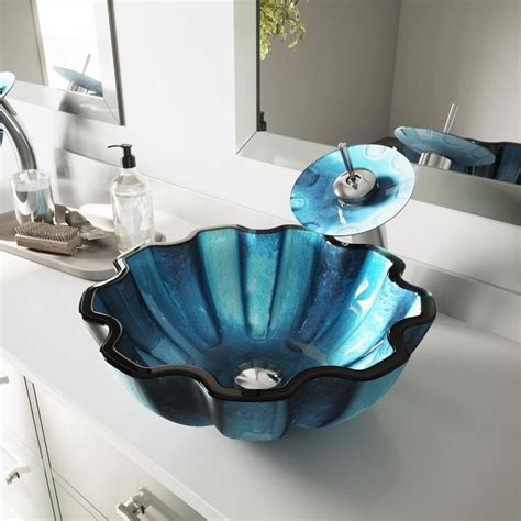 Vigo Mediterranean Blue Seashell Glass Vessel Bathroom Sink In Blue