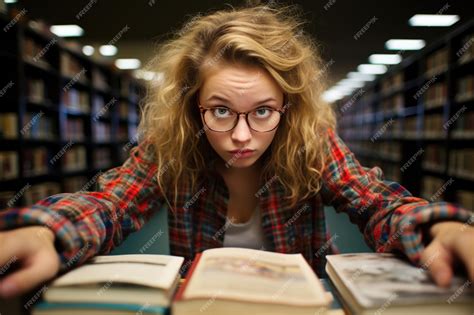 Premium Ai Image A Shocked Girl A Nerd And A Nerd With Glasses Sits In The Library In Front Of