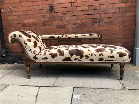 Antique Mahogany Edwardian Cow Print Fabric Chaise Longues Day Bed Sofa