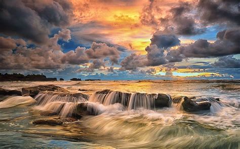 Nature Landscape Sunset Coast Beach Sky Clouds Sea Rock Bali Indonesia