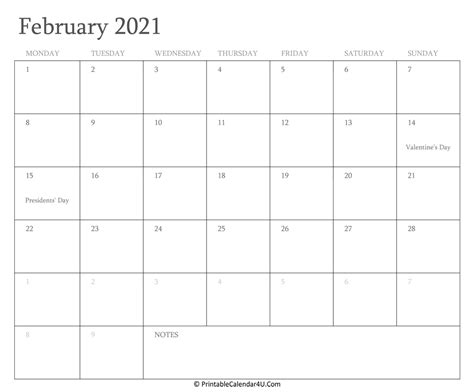 Feb 2021 Calendar Printable With Holidays Jule Freedom