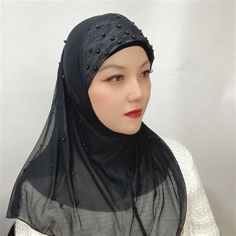 ready to wear muslim veil loop pearl instant hijab femme musulman headwrap islamic headscarf