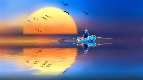 Hd Wallpaper Sunset Lake Fishing Camecptici Flight Reflection In