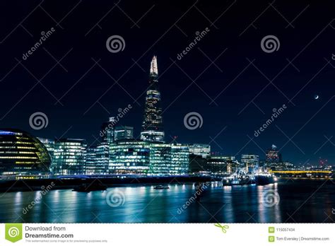 Modern London Skyline At Night On River Thames Editorial Stock Image