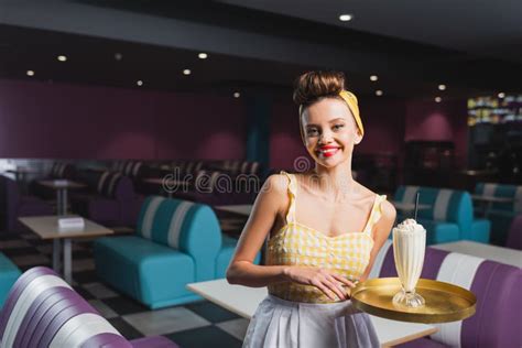 Cheerful Pin Up Waitress Holding Tray Stock Image Image Of Caucasian