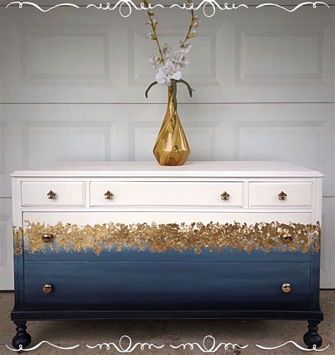 Antique Dresser ~ Navy Blue To White Ombré W Gold Leaf Painting