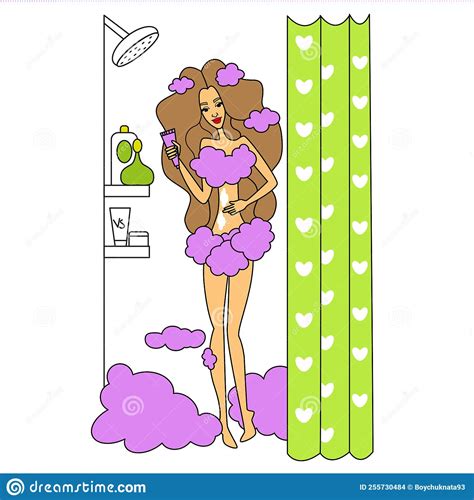 Woman Takes A Shower Relaxing Girl In Bathroom Flat Style Vector