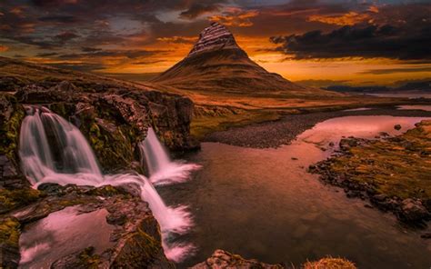 Wallpaper Kirkjufell Iceland Waterfall Mountain Clouds Sunset
