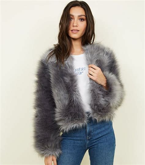 Grey Blue Faux Fur Cropped Collarless Jacket New Look Vestidos