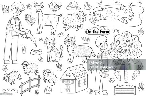 Stock Ilustrace Černobílá Roztomilá Farma Se Zvířaty A Dětmi Farmářů
