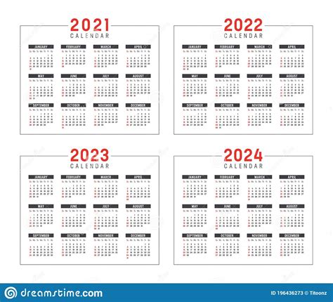 Years 2021 2022 2023 2024 Calendars Stock Vector Illustration Of