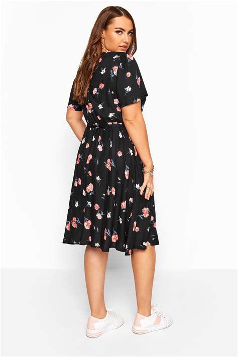 Black Floral Pleat Neck Dress Yours Clothing