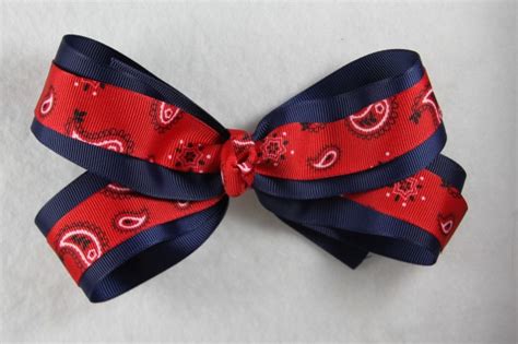 Navy Blue Layered Red Paisley Hair Bow