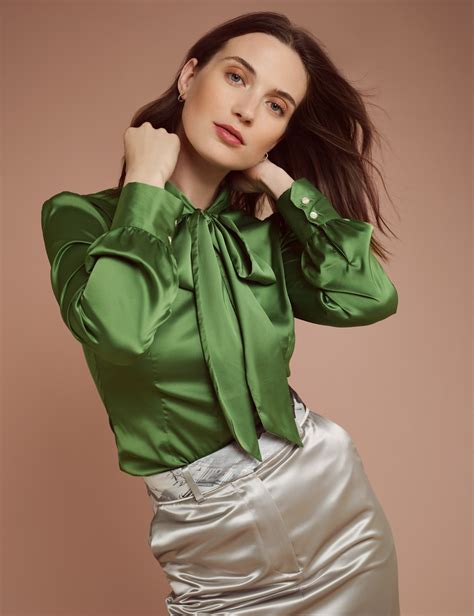 women s cactus green fitted luxury satin blouse pussy bow hawes and curtis