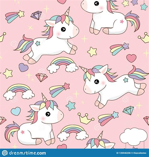 Pink Background Cute Unicorns With Stars Hearts And Clouds Jumping And