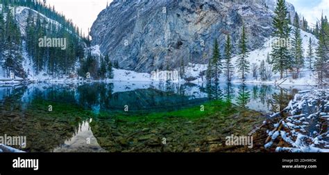 Panorama View Of Upper Grassi Lakes In Winter Season The Reflection Of