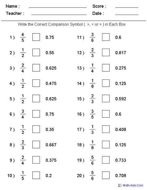 Compare Fractions And Decimals Worksheet
