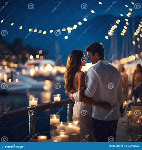 Romantic Couple in White Clothers Walk in Harbor Promenade,people Relax
