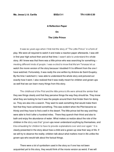 These reflection paper examples are good because…. Reflection Paper (the Little Prince) | The Little Prince